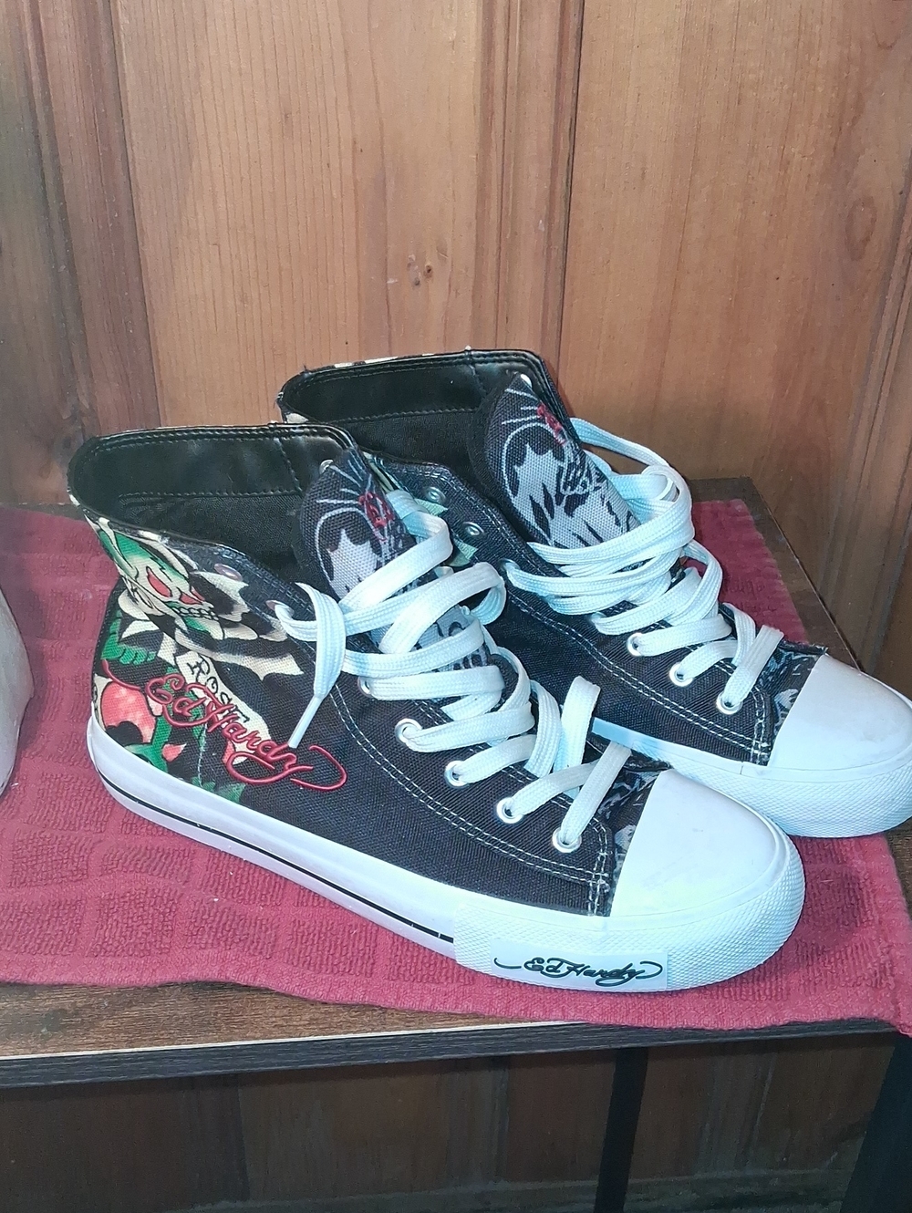 Ed Hardy Black High-Top Converse with Red & Green Graphic